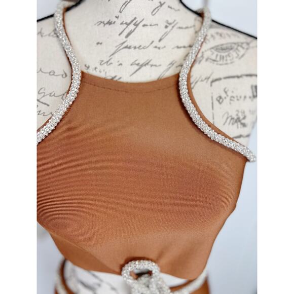 Fashion Nova Luxe NWT Knotty Embellished Bodycon Maxi Dress Cognac Brown Size L - Picture 11 of 14